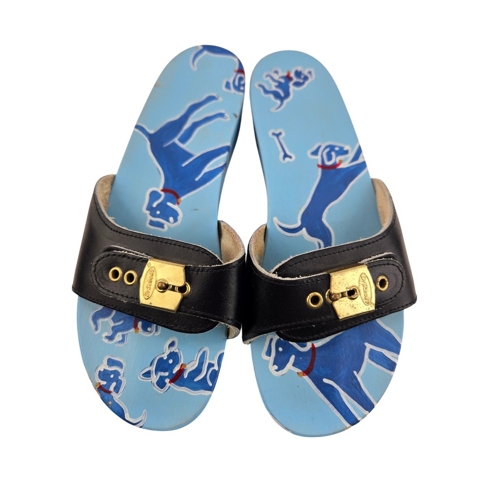 Dr Scholls Vintage Made in Italy Blue Dog Hand Painted Wood Clog Sandals Sz 7.5